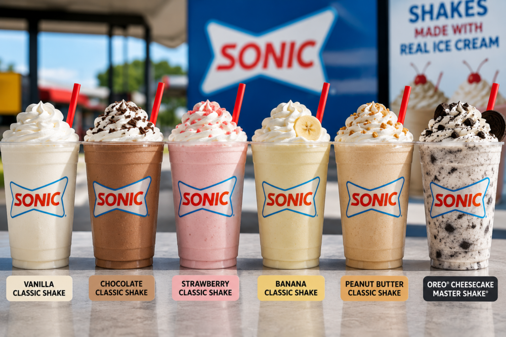 The features Vanilla, Chocolate, Strawberry, Banana, Peanut Butter, and Oreo Cheesecake shakes topped with whipped cream in branded Sonic cups.