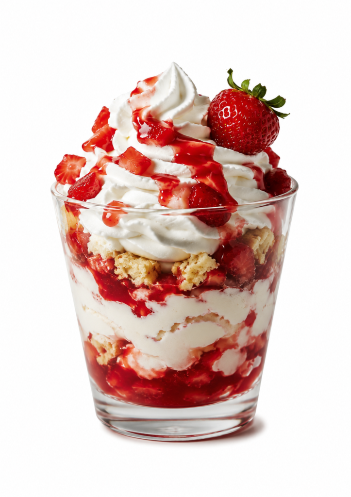 Strawberry Cheesecake shake from the Sonic shake menu is topped with whipped cream, fresh strawberries, strawberry sauce, and cheesecake crumbles in a clear dessert glass.