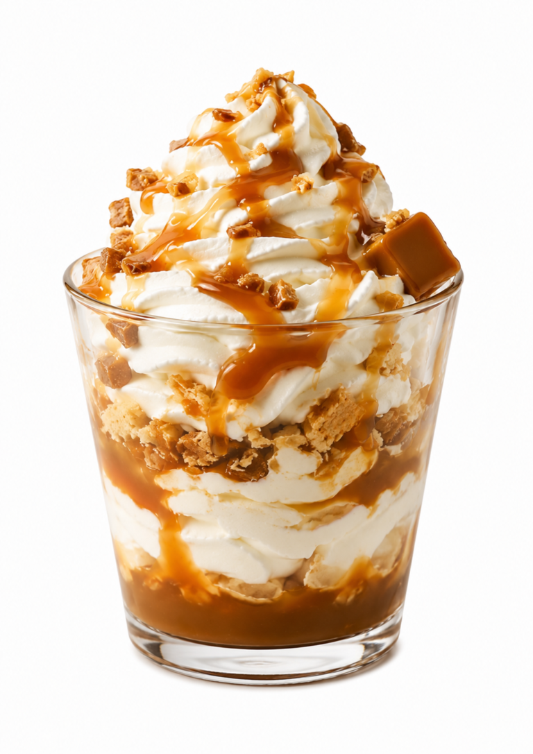 Caramel Crunch shake from the Sonic shake menu is topped with whipped cream, caramel drizzle, crunchy cookie crumbles, and caramel pieces in a clear dessert glass.