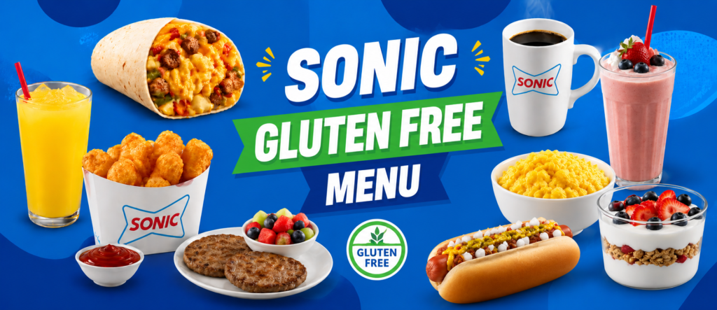 Sonic featuring gluten-free burger patties, hot dogs, tater tots, fresh fruit, yoghurt, coffee, drinks, and breakfast options.