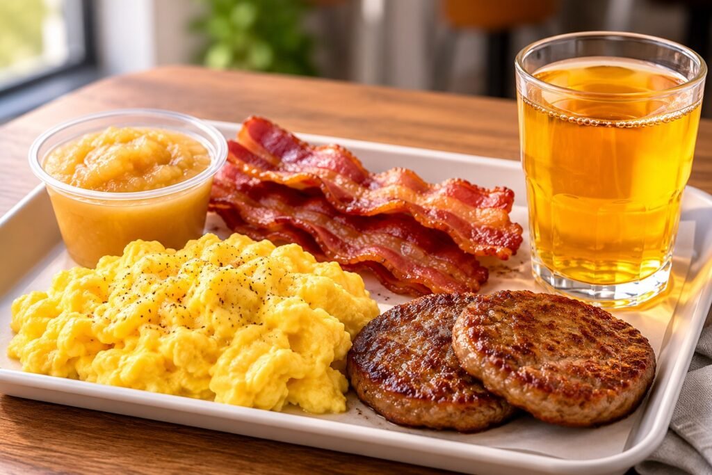 A gluten-free breakfast plate featuring scrambled eggs, crispy bacon, sausage patties, applesauce, and apple juice on a serving tray.