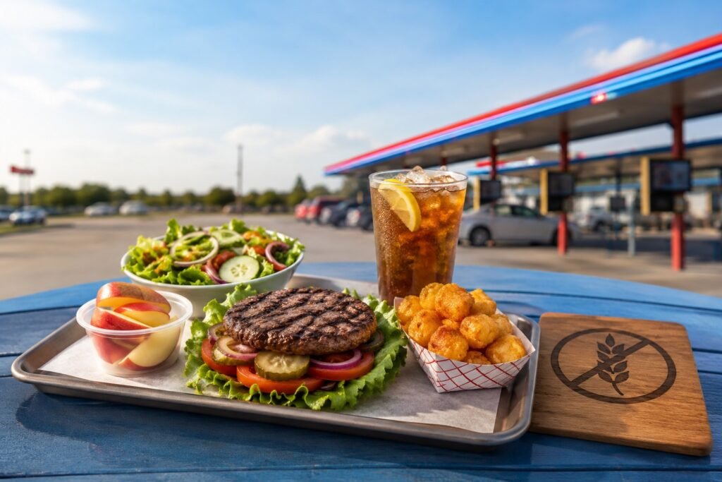 featuring a bunless grilled burger patty with fresh vegetables, tater tots, a side salad, apple slices, and an iced drink.