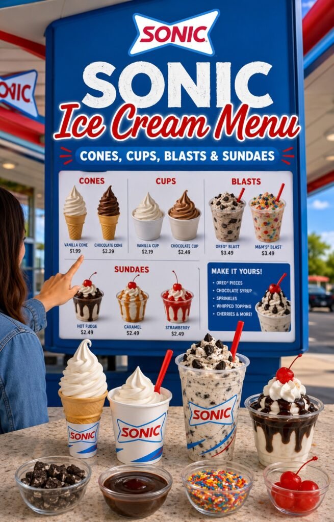 Sonic Ice Cream display featuring cones, cups, Blasts, sundaes, and frozen treats with prices and flavour options.