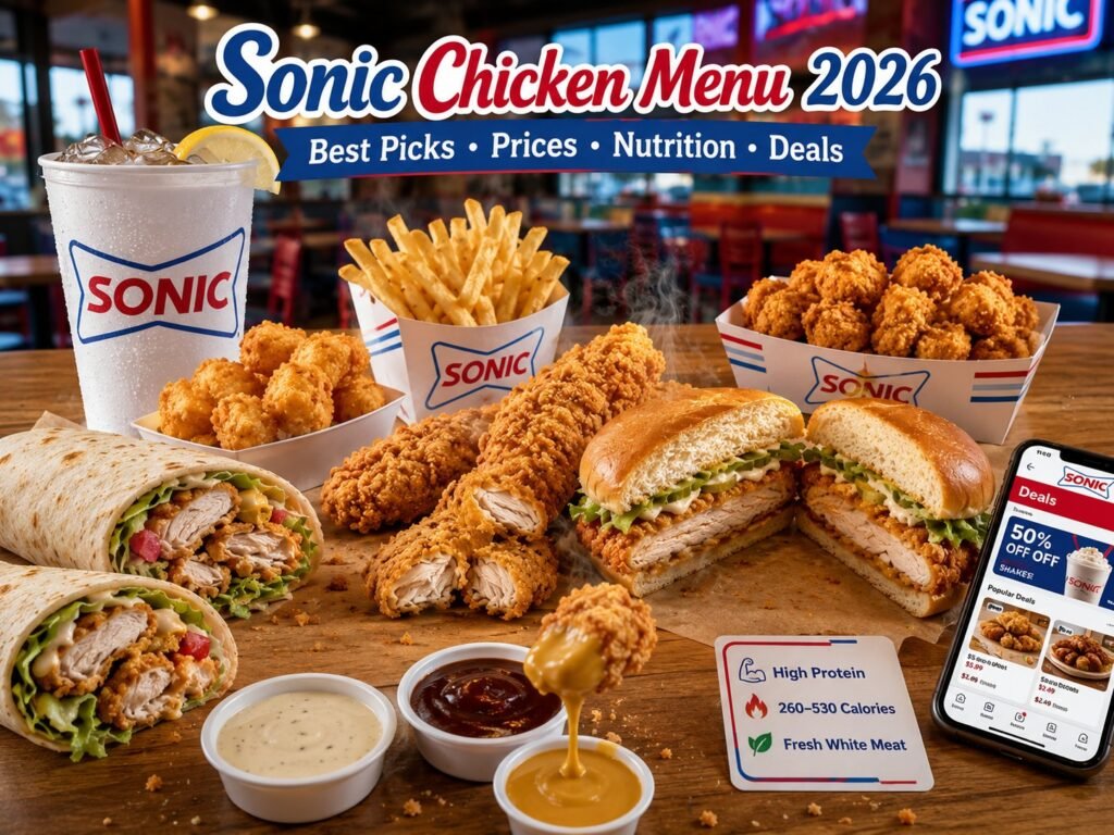 The Sonic Chicken Menu features crispy chicken tenders, chicken sandwiches, wraps, popcorn chicken, fries, dipping sauces, and combo meal options.