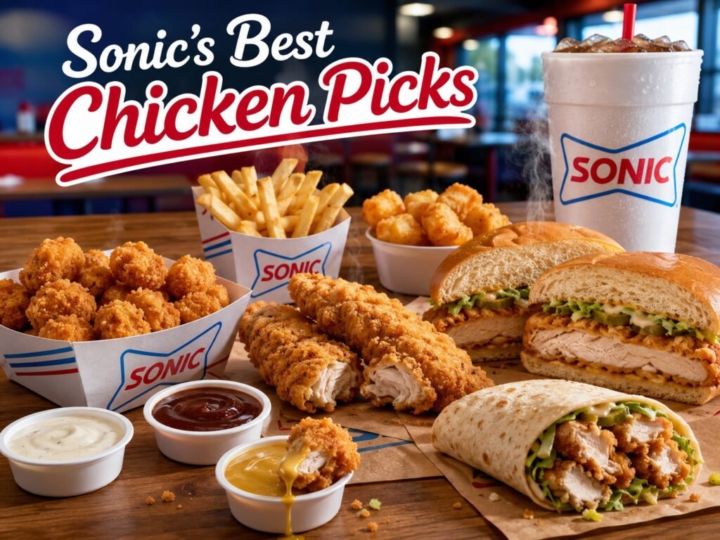 The Sonic Chicken Menu features crispy chicken tenders, popcorn chicken, chicken sandwiches, wraps, fries, dipping sauces, and a refreshing drink.