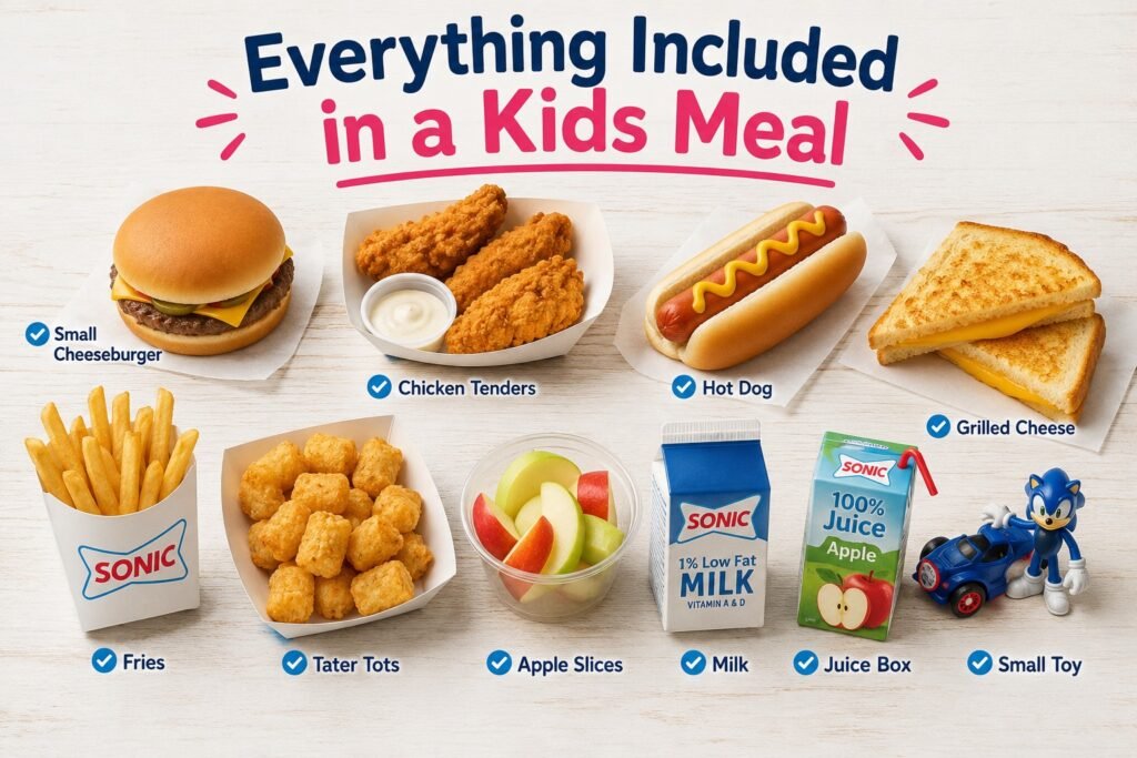 The Sonic Kids shows everything included in a kids' meal, including a cheeseburger, chicken tenders, hot dog, grilled cheese, fries, tater tots, apple slices, milk, a juice box, and a toy.