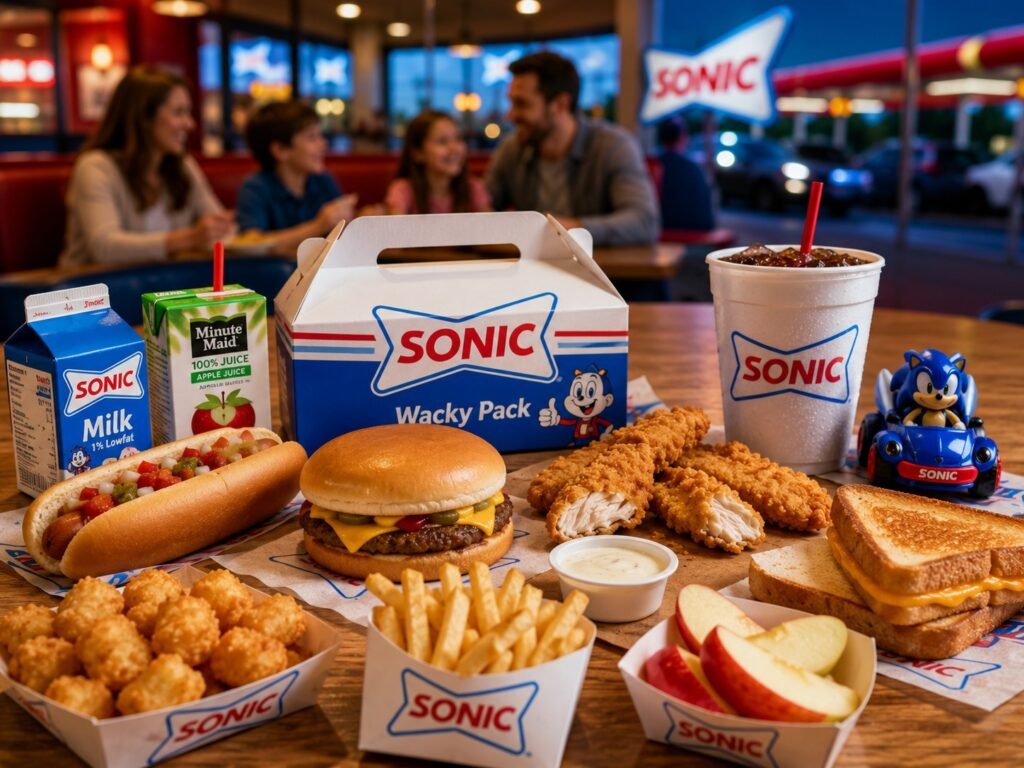 The Sonic menu features a Wacky Pack meal with a cheeseburger, chicken tenders, hot dog, fries, tater tots, apple slices, milk, juice, and a kids' toy.