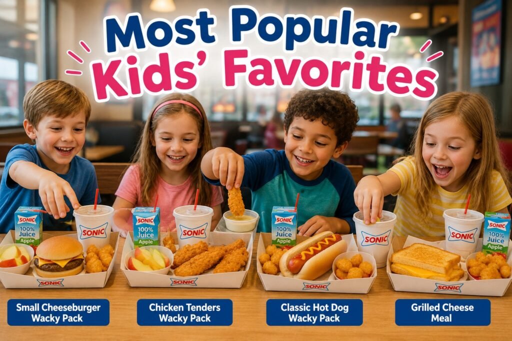 featuring happy kids enjoying Wacky Pack meals with cheeseburgers, chicken tenders, hot dogs, fries, drinks, and apple juice.