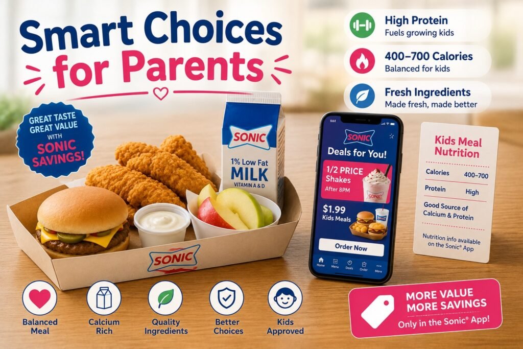 The Sonic Kids Menu features a balanced kids' meal with a cheeseburger, chicken tenders, apple slices, milk, and healthy nutrition tips for parents.