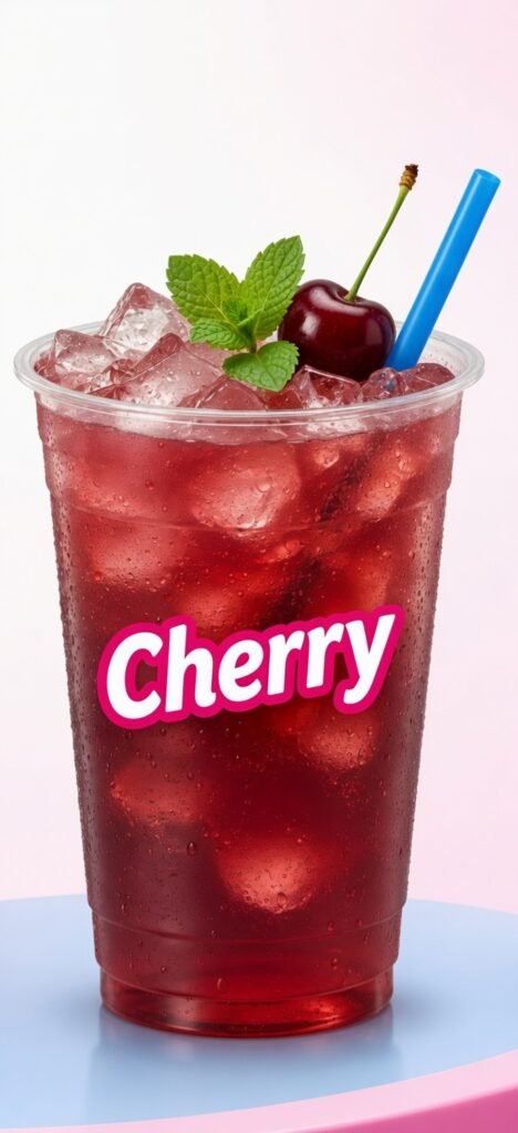 Cherry Slush served over ice with a fresh cherry garnish.