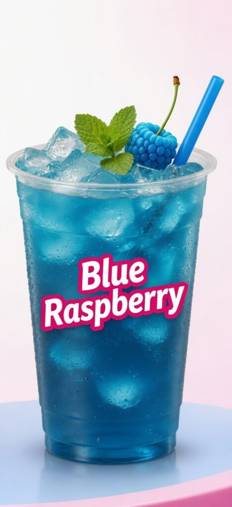 featuring a refreshing blue raspberry slush served with ice, fresh raspberry garnish, mint leaves, and a blue straw.