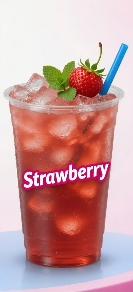 featuring a refreshing strawberry slush served with ice, fresh strawberry garnish, mint leaves, and a blue straw.