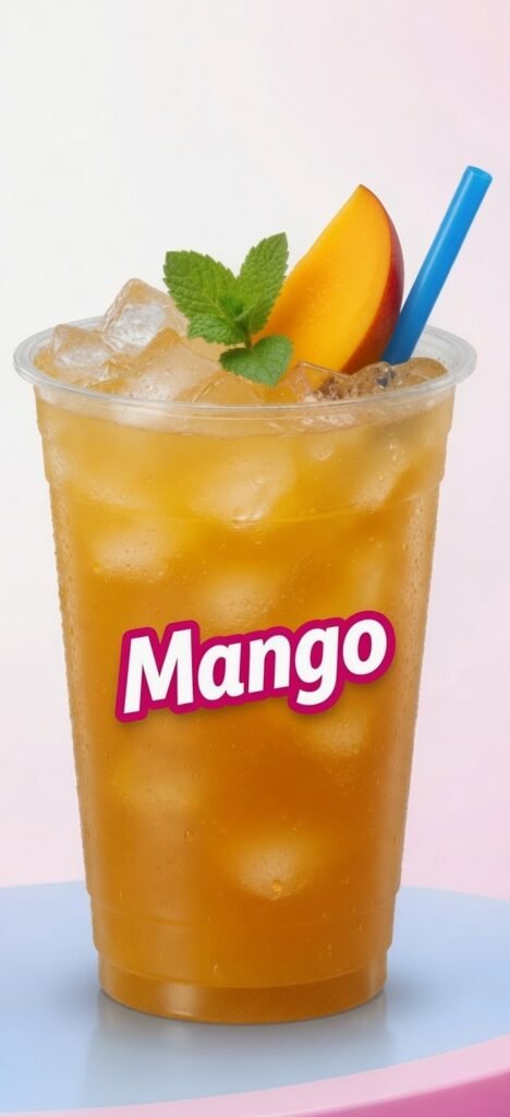 Sonic Slush Menu featuring a refreshing mango slush served with ice, fresh mango slices, mint leaves, and a blue straw.