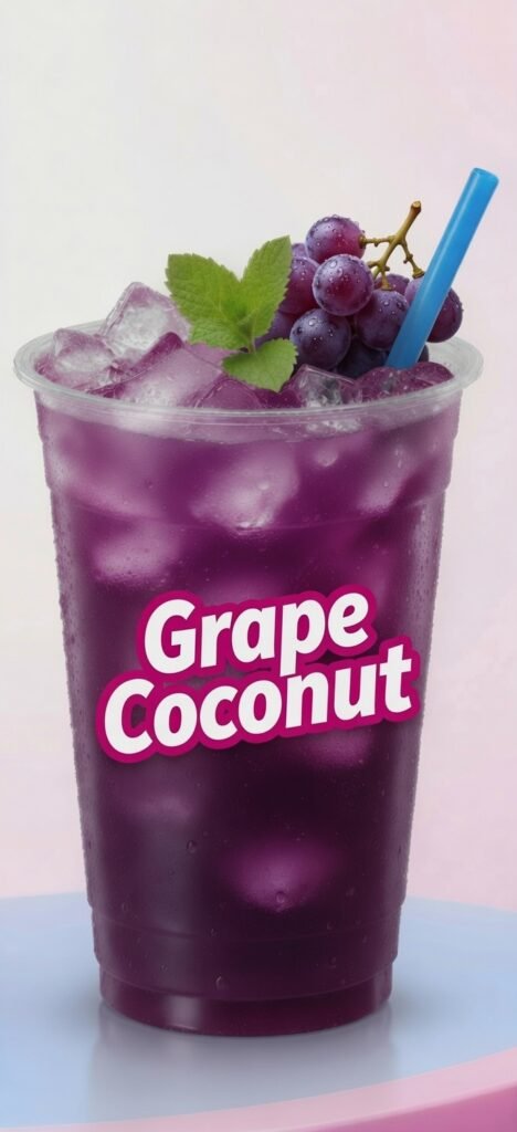 Sonic Slush Menu featuring a refreshing grape coconut slush served with ice, fresh grapes, mint leaves, and a blue straw.