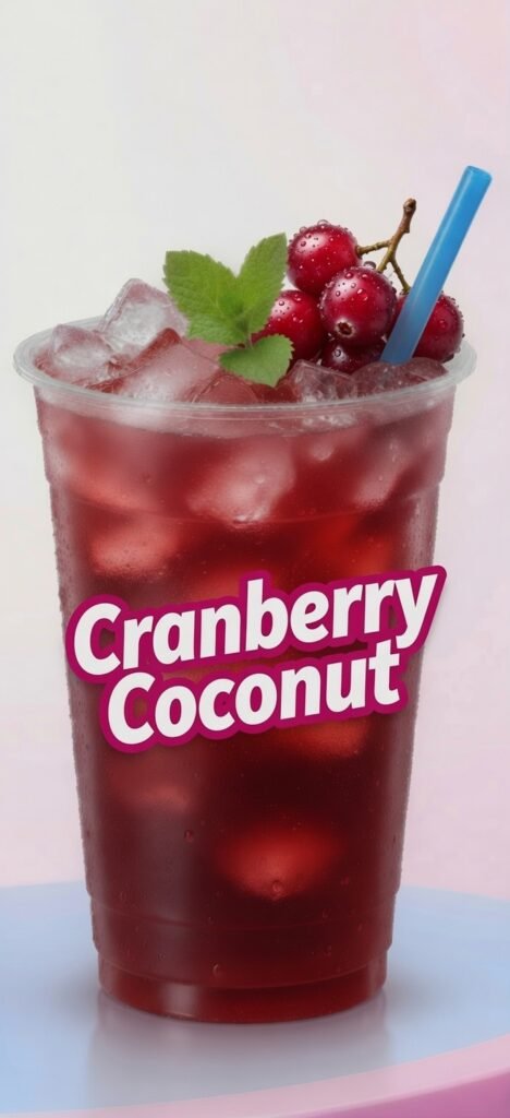 Sonic Slush Menu featuring a refreshing cranberry coconut slush served with ice, fresh cranberries, mint leaves, and a blue straw.