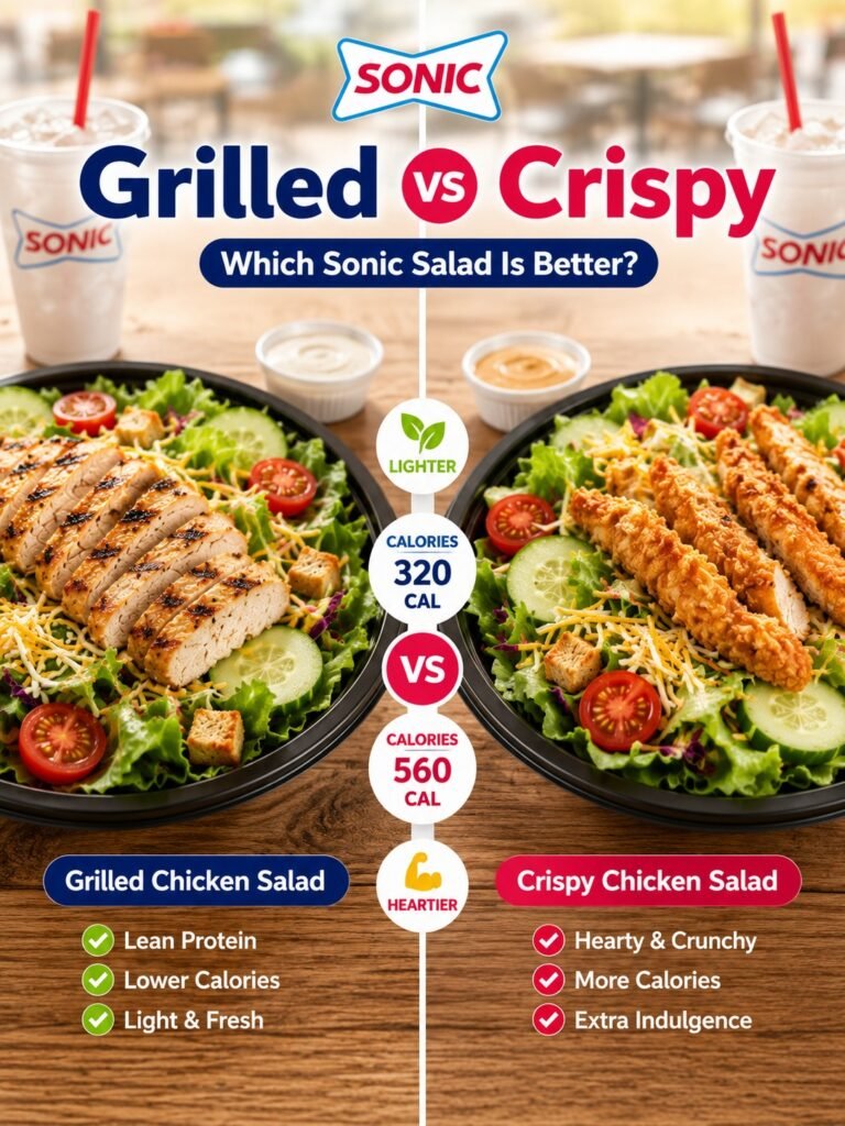 Sonic Salad Menu comparison showing grilled vs crispy chicken salad with calories and healthy options