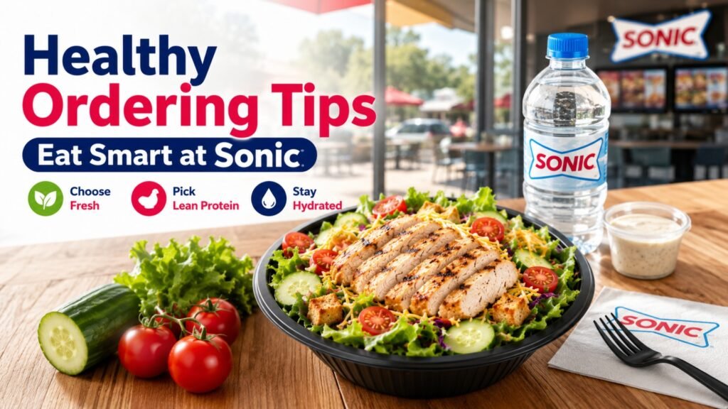 Sonic Salad Menu featuring a fresh grilled chicken salad with lettuce, cucumbers, tomatoes, and healthy eating tips.