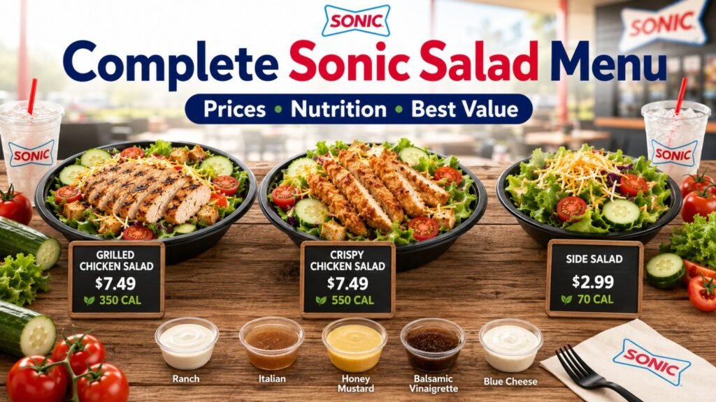 Sonic Salad Menu featuring Grilled Chicken Salad, Crispy Chicken Salad, and Side Salad with prices, calories, and nutritional information.