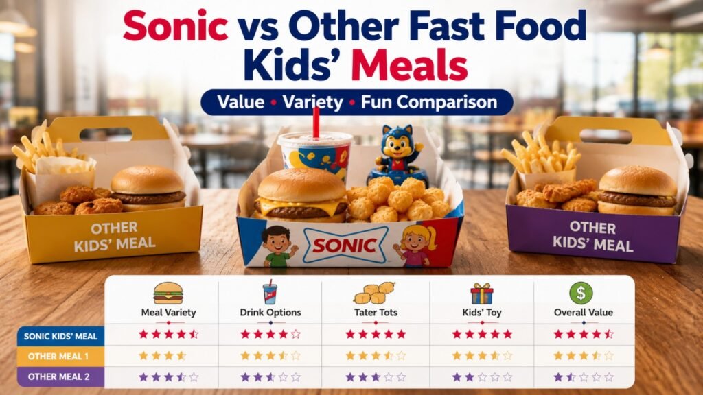 A Sonic Kids Menu comparison showing a Wacky Pack meal versus other fast food kids' meals, highlighting meal variety, drink options, tater tots, toys, and overall value.