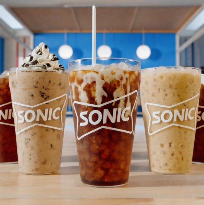 featuring iced coffee, cold brew, and creamy speciality coffee drinks served over ice in Sonic cups.