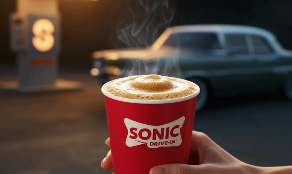 featuring a freshly brewed hot coffee served in a Sonic Drive-In cup with a rich, foamy top.