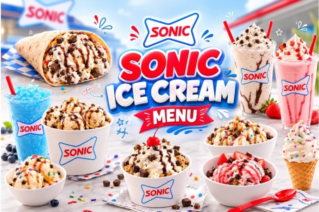 The Sonic Ice Cream Menu features shakes, sundaes, Blasts, ice cream cones, slushes, and frozen desserts in a colourful menu display.