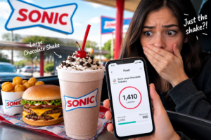 Sonic Shake calories are shown on a phone with a large chocolate shake, burger, and tots at a Sonic Drive-In.