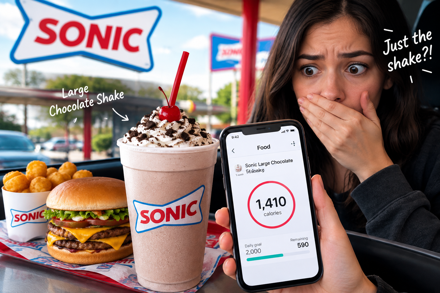 Sonic Shake calories are shown on a phone with a large chocolate shake, burger, and tots at a Sonic Drive-In.