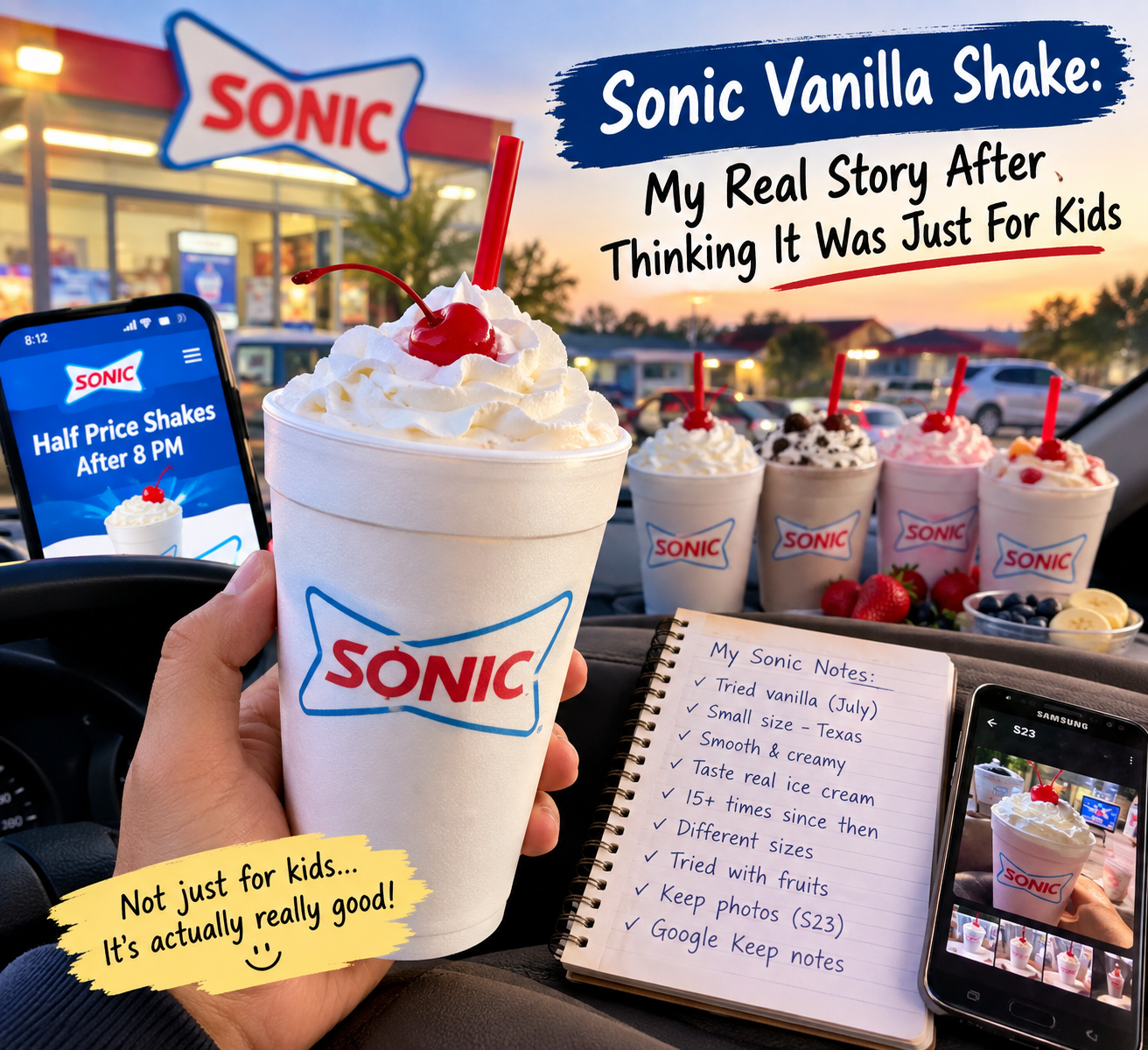 Sonic Vanilla Shake with whipped cream and cherry at a Sonic drive-in, showing a personal review story