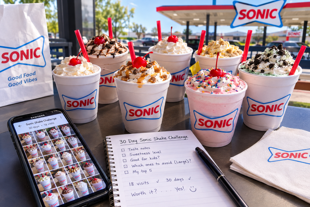 Sonic shake flavours arranged on a table during a 30-day tasting challenge, with a Samsung phone showing shake photos and a notebook with tasting notes.