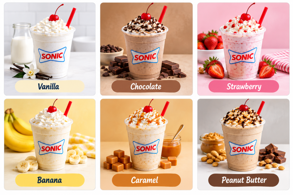 Six Sonic shake flavours displayed in a clean grid: Vanilla, Chocolate, Strawberry, Banana, Caramel, and Peanut Butter.