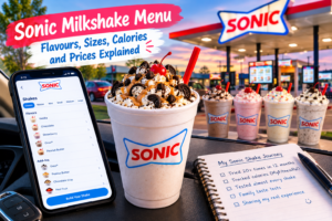 Sonic milkshake menu scene showing a cookies-and-cream shake, smartphone menu, multiple shake flavours, and a notebook tracking shake flavours, sizes, calories, and prices.