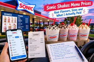 Sonic shakes menu prices displayed with a drive-in menu board, smartphone showing shake prices, receipt, handwritten price notes, and several Sonic shakes in different flavours.
