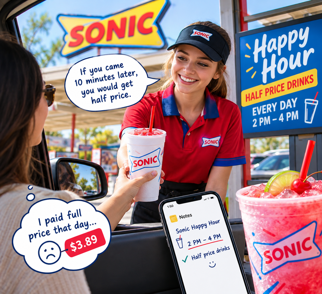 Sonic Happy Hour time with half-price drinks and daily drink deals