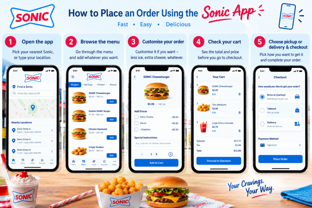 How to order using the Sonic app, including choosing a location, browsing the menu, customizing food, reviewing the cart, and completing checkout.