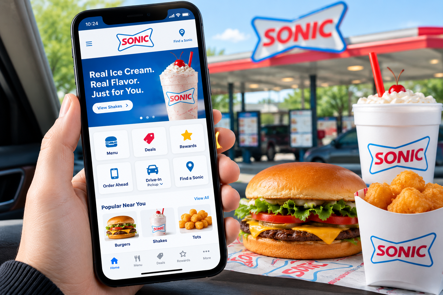 Sonic Drive-In app displayed on a smartphone beside a burger, tater tots, and a milkshake at a Sonic restaurant.