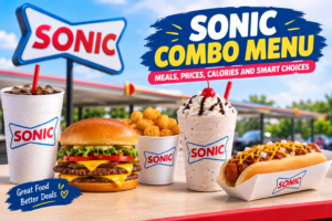 Sonic combo menu with burger, hot dog, tater tots, chocolate shake, and cold drink, featuring meals, prices, calories, and smart choices.