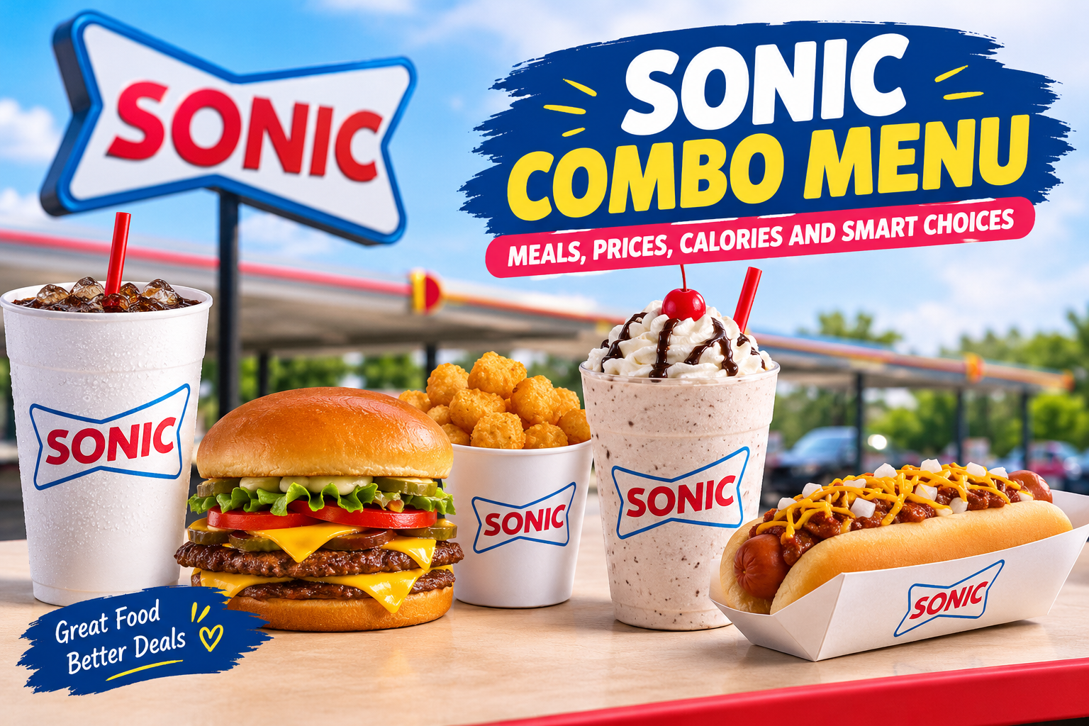 Sonic combo menu with burger, hot dog, tater tots, chocolate shake, and cold drink, featuring meals, prices, calories, and smart choices.