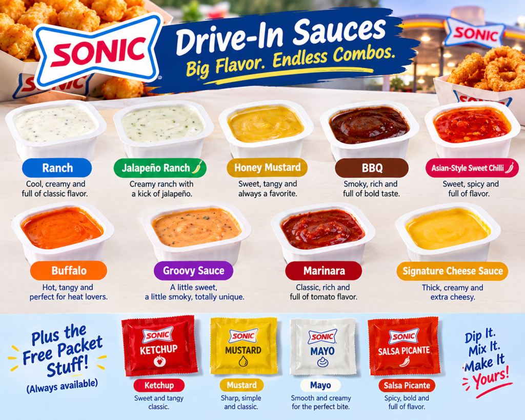Sonic Drive-In sauces menu featuring Ranch, Jalapeño Ranch, Honey Mustard, BBQ, Sweet Chilli, Buffalo, Groovy Sauce, Marinara, Signature Cheese Sauce, and free condiment packets.