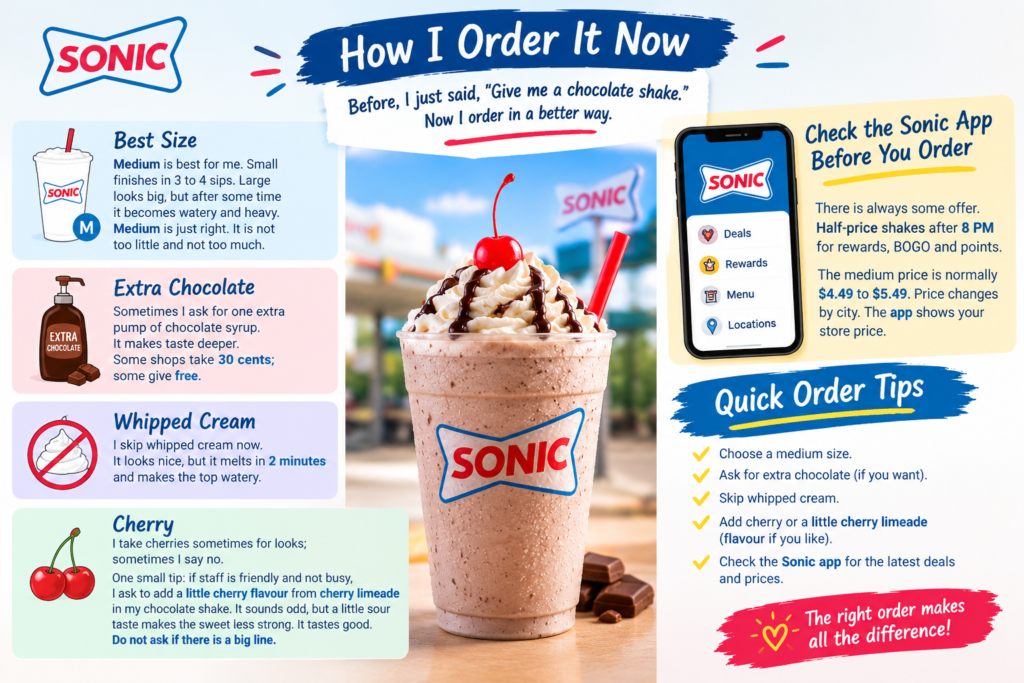Sonic chocolate shake ordering tips featuring medium size, extra chocolate syrup, whipped cream options, cherry flavour customisation, Sonic app deals, prices, and rewards.