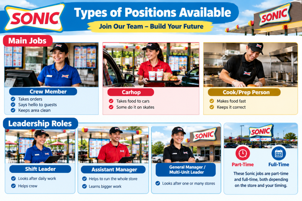 Sonic Drive-In job positions, including crew member, carhop, cook, shift leader, assistant manager, and general manager, with part-time and full-time career options.