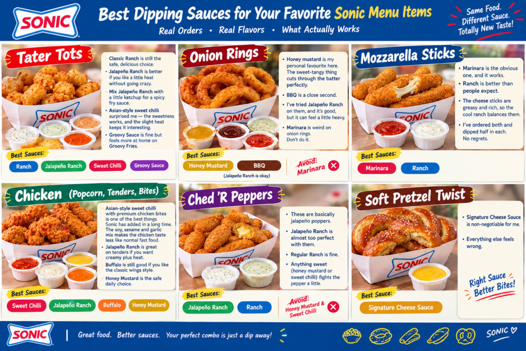 Best Sonic dipping sauces for tater tots, onion rings, mozzarella sticks, chicken,ched ’r peppers, and Soft Pretzel Twist