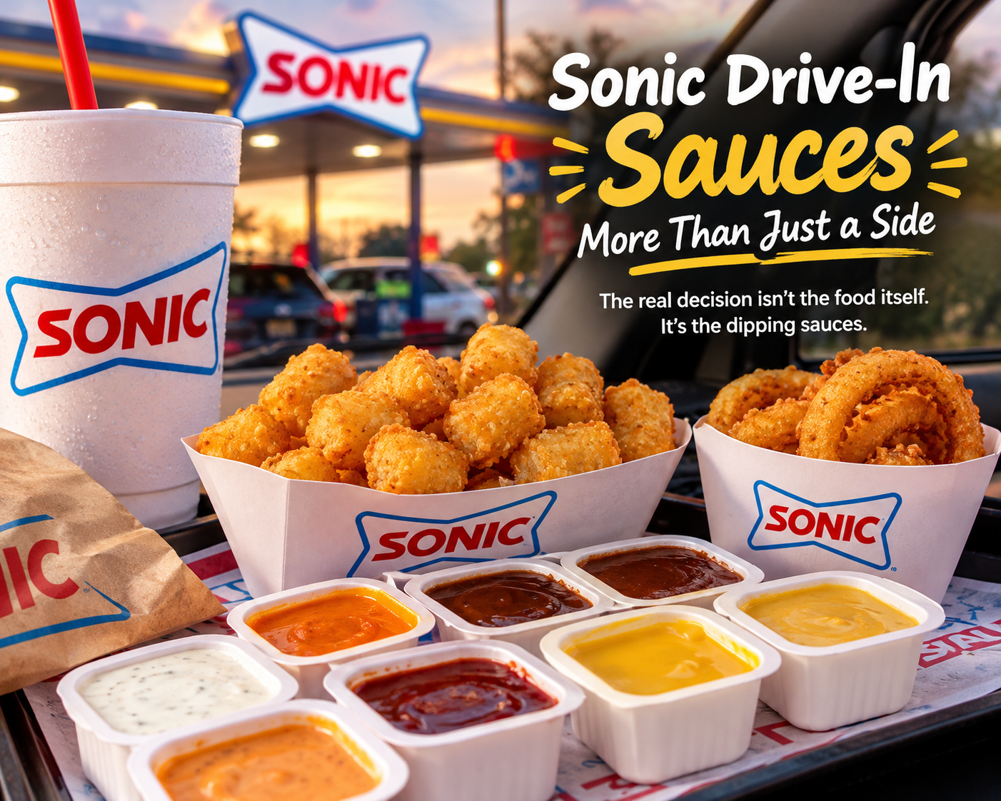 Sonic Drive-In sauces with crispy tater tots, golden onion rings, and a variety of dipping sauces