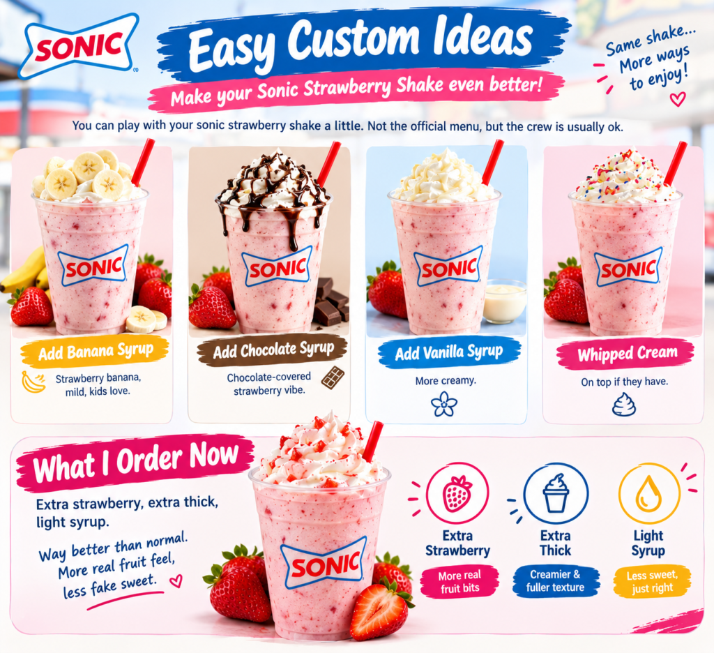 Sonic strawberry shake customisation ideas with banana syrup, chocolate syrup, vanilla syrup, whipped cream, extra strawberries, extra thickness, and light syrup.
