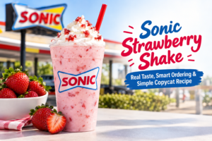 Sonic strawberry shake with creamy vanilla soft serve, strawberry pieces, whipped cream, and fresh strawberries.